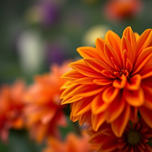 Capture a close-up of vibrant orange dahlias with a shallow depth of field, using a Canon EOS R5 with an RF 85mm f/1.2L lens, aperture set to f/2.8, ISO 100, shutter speed 1/200s, natural light, and soft focus background.