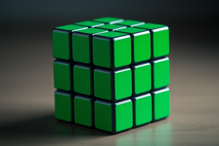 Create a highly detailed, realistic 3D rendering of a green Rubik's Cube with sharp edges and vibrant colors, shot with a Canon EOS R5 at f/4, ISO 100, 1/200 sec, using a focus stacking technique for enhanced depth of field and clarity, with a soft, diffused lighting setup.