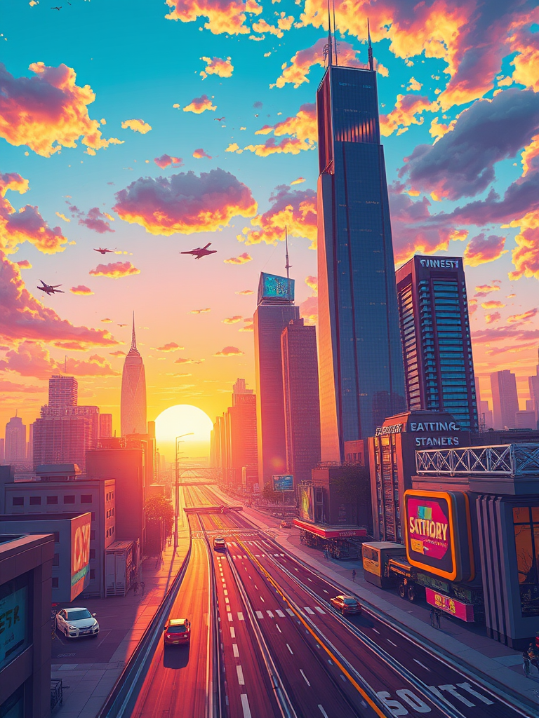 Generate a detailed digital illustration of a futuristic cityscape at sunset with skyscrapers, flying cars, and vibrant colors, shot with a Canon EOS R5, 50mm lens, f/1.8 aperture, ISO 100, using a wide-angle perspective to enhance depth and clarity.