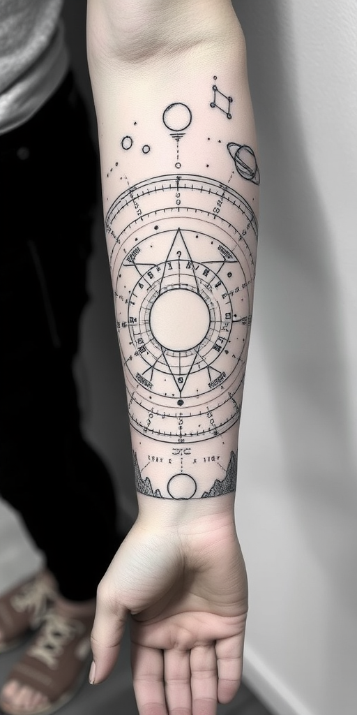 Minimalist black linework tattoo called "Celestial Blueprint" depicting an intricate astronomical chart spanning the forearm, showcasing constellations, planets, and cosmic symbols in precise, thin lines, creating a sophisticated and scientific aesthetic with subtle dotwork shading for depth