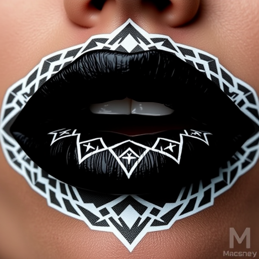 Jet black matte lips with "Onyx Noir" style, featuring intricate geometric patterns in contrasting white for a bold and avant-garde appearance