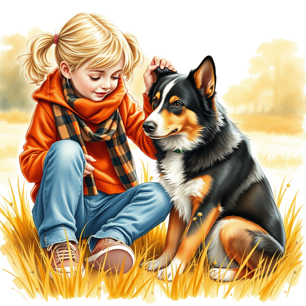 A detailed watercolor and acrylic illustration showing a heartwarming scene between a young blonde girl in pigtails and a Bearnaise Mountain dog. The girl, dressed in a rust hoodie, jeans, and a plaid scarf, gently rests her hand on the dog’s head. The dog, with black, copper, and white fur, sits beside her, tilting its head in affection. They sit on golden grass with wildflowers, against a sunny fall background. The artwork focuses on realistic textures and the tender bond between them.