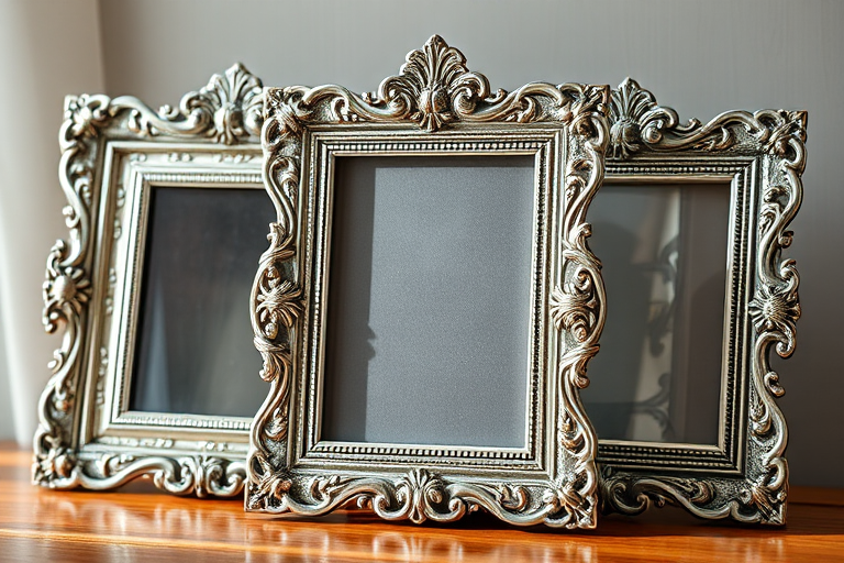 Create an image of three ornate silver picture frames with intricate designs, captured with a DSLR camera at f/2.8, ISO 100, 50mm lens, natural lighting, and a slight angle to emphasize depth.