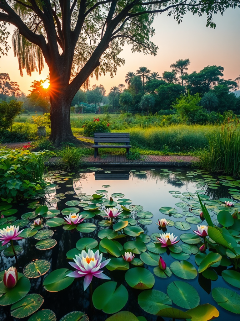 A serene landscape at dawn featuring a tranquil pond surrounded by lush greenery and vibrant water lilies, with a wooden bench under a large tree, captured in high resolution with a Canon EOS R5, 24mm lens, f/8 aperture, ISO 100, and a soft focus to enhance the dreamy atmosphere.