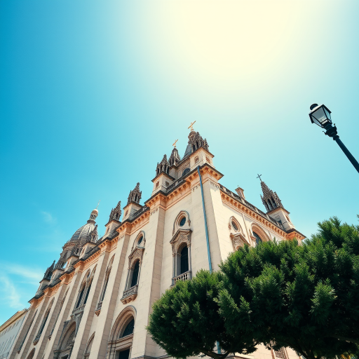 Regenerate an image of the Marseille Cathedral with a clear blue sky, shot at a low angle using a wide-angle lens, aperture set to f/8, ISO 100, and a focal length of 16mm, in bright daylight to enhance color vibrancy and detail.