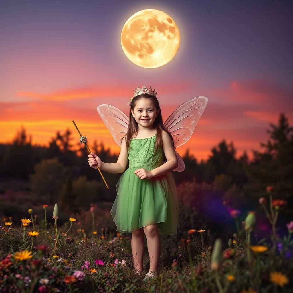 A vivid photo  taken under a bright camera flash of a fantastical scene set against a backdrop of a forest during sunset. The main subject is a girl dressed as a fairy, adorned with translucent wings and a green dress, holding a wand, her face is happy, and she wears a crown on her head. The forest behind her is a blend of flowers, shrubs and trees. The sky is painted in hues of orange and pink, with a large, glowing moon casting a warm glow over the scene. The overall color palette is dominated by earthy tones.