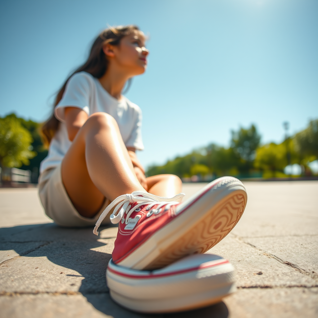 Generate an ultra-realistic, highly detailed, high-definition photograph. It's a photo of a girl sitting on the floor. She's looking at the horizon. The photo is taken from the bottom up, at ground level. The girl's sneakers are in the foreground, in the center of the scene. The girl is wearing light clothes, a t-shirt and short shorts. The sky is blue. Bright environment. The background is a blurred image of a park.