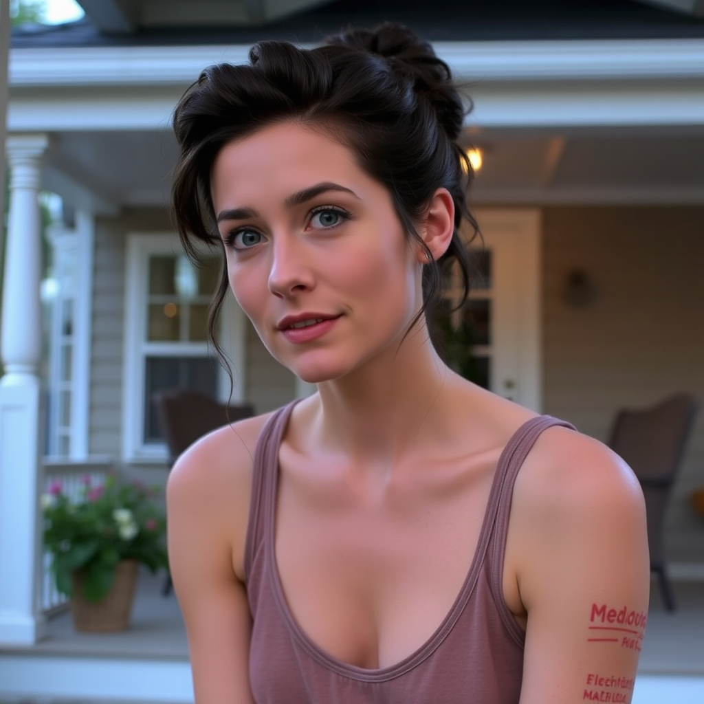 A photo of Felicia Day with a background of a cozy porch. She has dark hair pulled back in an updo, with tendrils framing her face. She wears a Meadow tank top and sits on the porch. The porch is part of a well-lit house