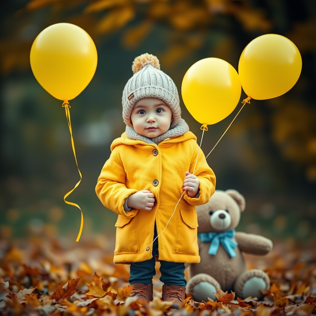 generate a whimsical portrait of a young child holding yellow balloons, wearing a yellow coat and a knitted hat, standing beside a teddy bear, surrounded by autumn leaves, with soft focus and warm lighting, using a professional DSLR camera, 50mm lens, f/1.8 aperture, ISO 200, portrait mode.