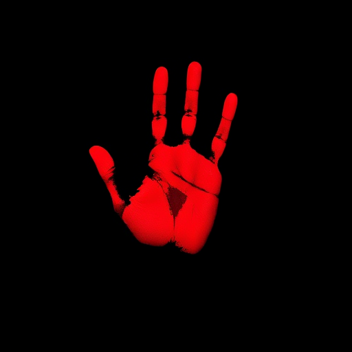 Create a vivid and high-resolution image of a red handprint on a black background, using a DSLR camera with a 50mm lens, aperture set to f/2.8, ISO 100, and shot in natural light for optimal clarity and detail.