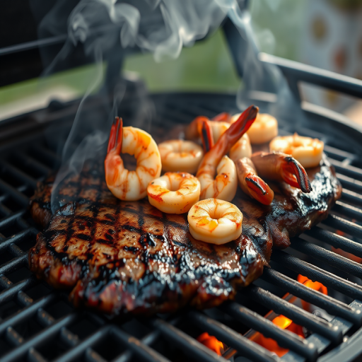 grilled steak and shrimp on a barbecue grill with smoke rising, close-up view, using a Canon EOS R5, 50mm lens, f/1.8, ISO 100, 1/200 sec, natural lighting for enhanced details and textures