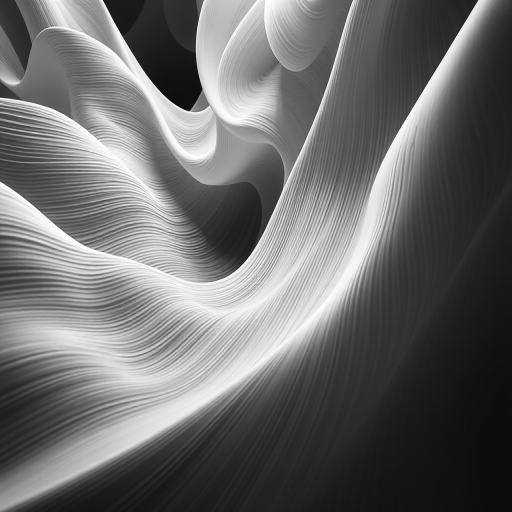Create a high-contrast black and white abstract image featuring flowing wavy lines, captured with a Canon EOS R5 at f/8, ISO 100, 1/125s, using a wide-angle lens with a top-down view for a dynamic perspective.