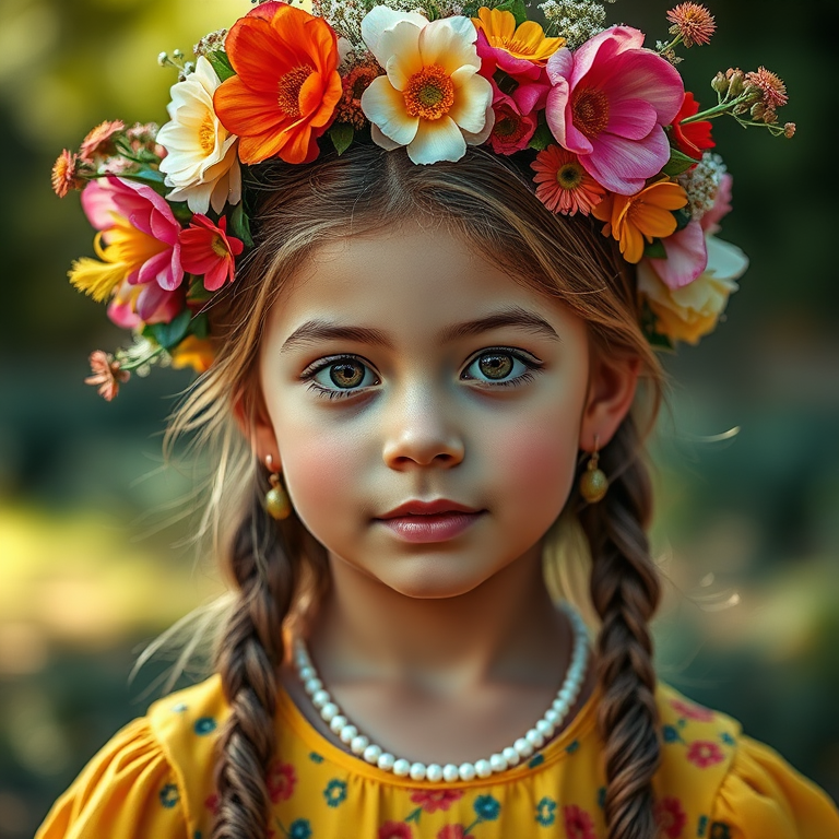create a portrait of a girl with a whimsical floral headdress, vibrant colors, soft focus, using a Canon EOS R5 with 50mm f/1.2 lens, aperture f/2.8, ISO 100, in natural light, frontal view, painterly style