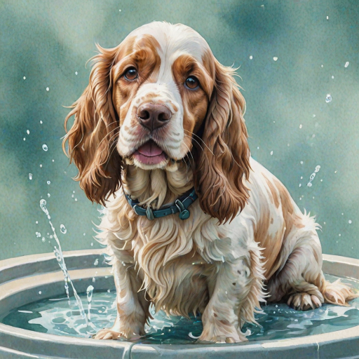 Watercolor ink illustration, A digitally created artwork of a Cocker Spaniel dog leaning on a water fountain, eyes closed, tongue out as if lapping water. The white dog has brown and cream patches, especially on its ears and face. Water splashes around it with detailed droplets. The background features a soft blue-green gradient, suggesting a sunny day. The style is realistic, focusing on the texture of fur and water for a lifelike, vibrant feel.