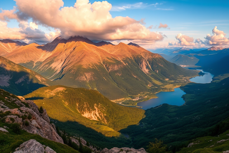 Capture a breathtaking view of a mountainous landscape during golden hour with a wide-angle lens, aperture set to f/8 for depth of field, ISO at 100 for sharpness, and a shutter speed of 1/125 sec to maintain clarity, emphasizing the lush green valleys and serene lake below, while enhancing the blue sky dotted with soft clouds.