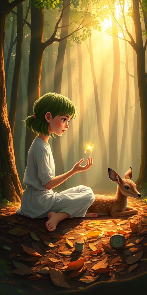 A luminous digital painting of a serene forest scene featuring a barefoot young female, about 7 years old, with green hair and fair skin, dressed in a simple white outfit. He sits cross-legged on the forest floor, gazing at a small, glowing, magical firefly in his hand. Beside him, a delicate spotted deer lies calmly on a bed of dried leaves, observing the scene. The dense forest is bathed in warm, golden light filtering through the trees, creating a peaceful, magical atmosphere with a blend of natural and mystical elements.