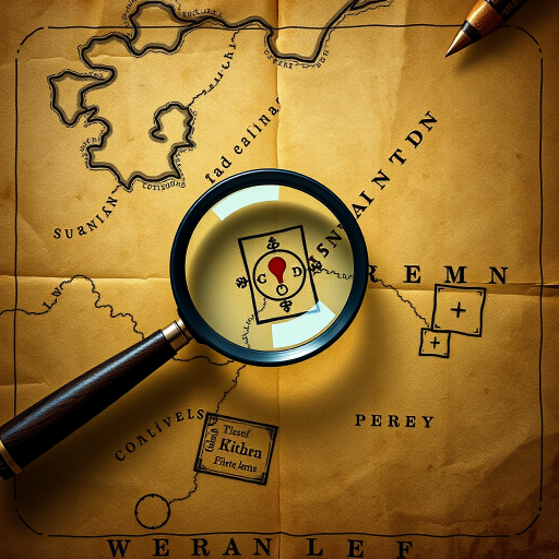 Create a high-resolution illustration of an ancient treasure map on aged parchment with a magnifying glass highlighting a marked location, using a DSLR camera at f/2.8 aperture, 50mm lens, shot from a top-down view to enhance detail and texture.