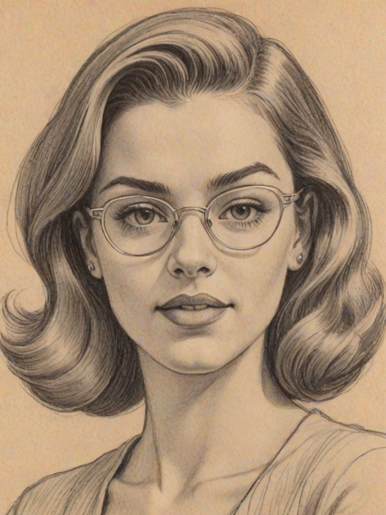 Appealing Jessie Paege, pencil sketch, portrait of Delightful woman 1946s in glasses, hair style beatnik, outline, clear lines, fine lines, 8k