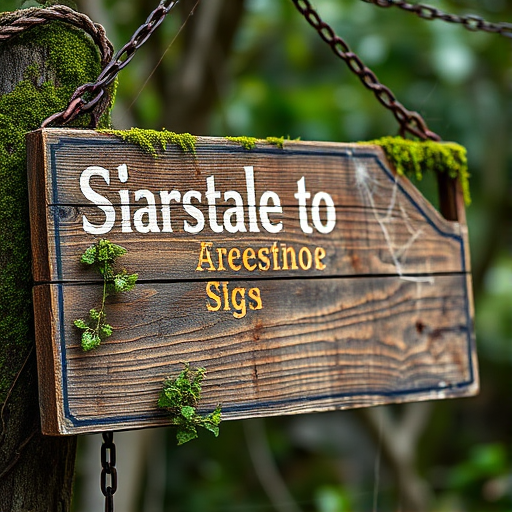 generate a highly detailed image of a weathered wooden sign hanging by rusty chains, covered in moss and vines with a spider web in the corner, captured with a DSLR camera at f/2.8 aperture, ISO 100, shutter speed 1/125s, in natural light, using a macro lens for close-up detail against a blurred background