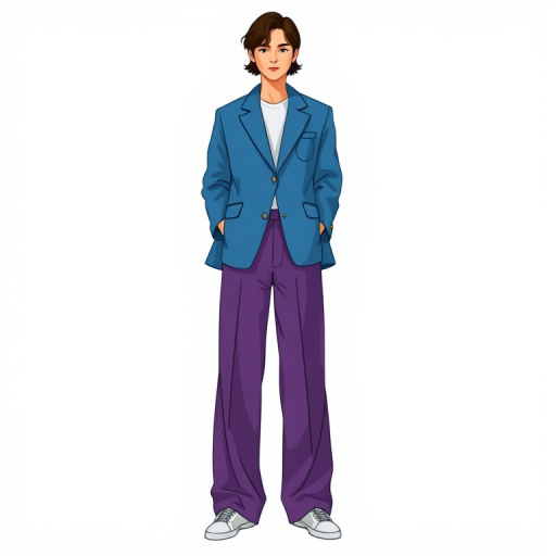 Illustration of a person standing in a casual pose, wearing a blue oversized blazer and purple wide-leg trousers, with a simple background, shot with a DSLR camera at f/4 aperture, focal length 50mm, ISO 100, natural lighting, portrait orientation.