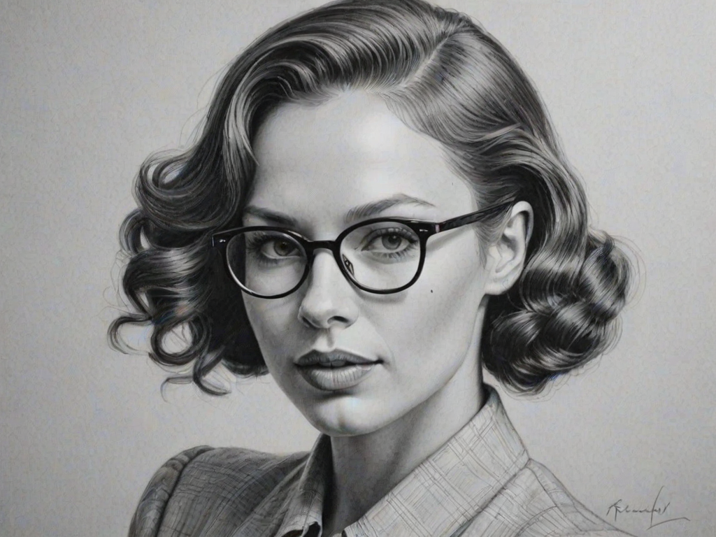 Beauteous Rebecca Ferguson, pencil sketch, portrait of Exquisite woman 1939s in glasses, hair style beatnik, outline, clear lines, fine lines, 8k