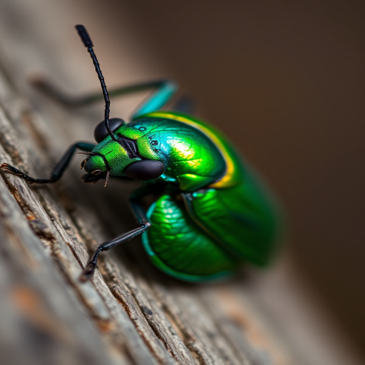 Close-up of a vibrant metallic green and blue insect resting on a weathered wooden surface, shallow depth of field, 50mm lens, f/2.8 aperture, ISO 100, natural lighting, macro photography, DSLR camera.
