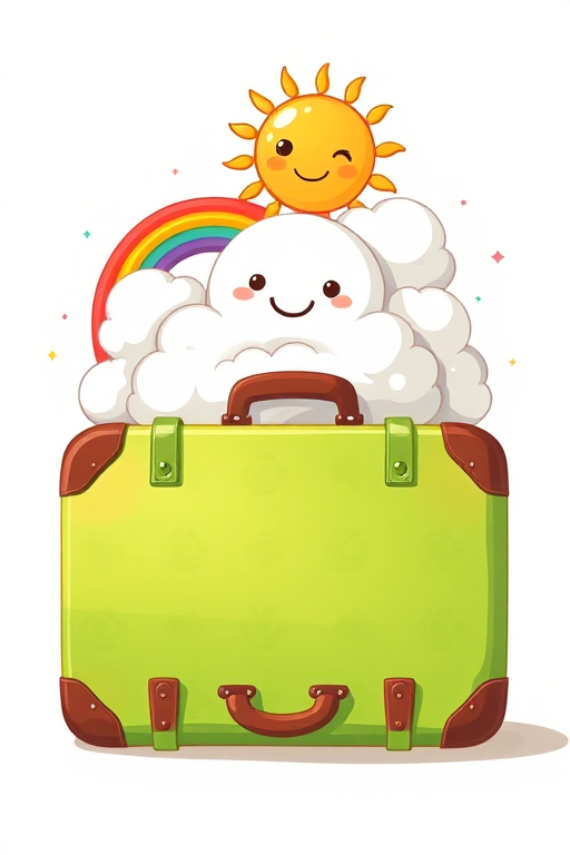 Create a whimsical illustration of a green suitcase overflowing with cute cartoon clouds, a smiling sun, and a colorful rainbow, using a high-resolution digital format, 50mm lens, f/2.8 aperture, ISO 100, and soft natural lighting for a bright and cheerful effect.