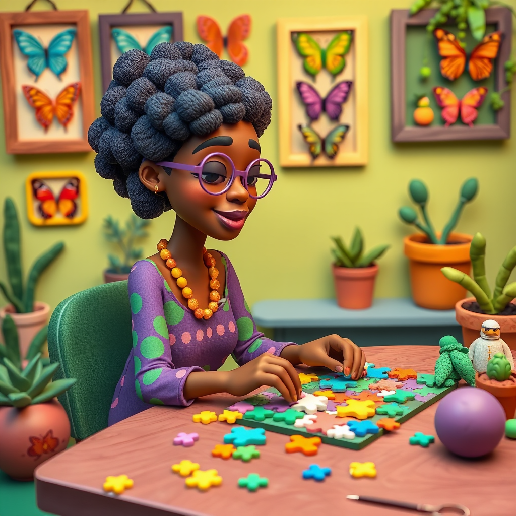 A vibrant and whimsical illustration of an african american woman sitting at a table working on a colorful jigsaw puzzle. she is wearing round glasses, and patterned clothing in shades of purple and green.  The background features an eclectic collection of framed butterflies, potted plants, and other natural elements, creating a warm and inviting atmosphere. The style is playful and modern, with rich textures, intricate details, and a lively color palette.