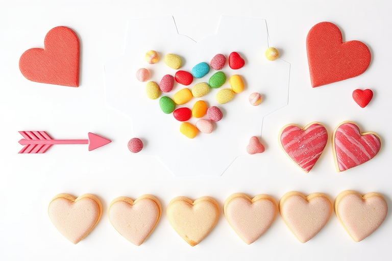 A flat lay of colorful candies in a heart-shaped arrangement, two decorative arrows, and a row of various frosted heart-shaped cookies on a clean white background, taken with a DSLR camera at f/2.8 aperture, ISO 100, 50mm lens, natural soft lighting for enhanced clarity and detail.