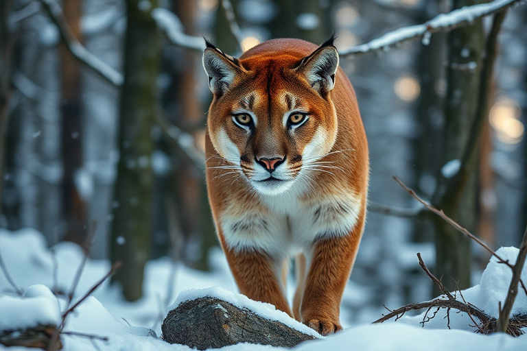 Regenerate a hyper-realistic image of a mountain lion in a snowy forest setting with a Canon EOS R5, 50mm f/1.2 lens, f/2.8 aperture, ISO 100, shallow depth of field, natural lighting, and a slightly elevated angle.