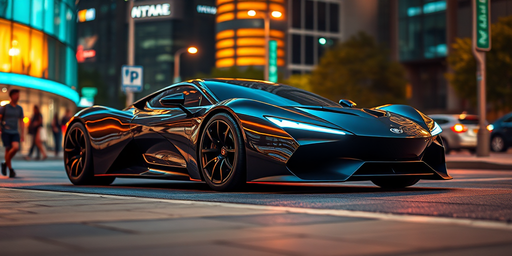 Create a high-resolution digital illustration of a sleek, futuristic car parked on a city street at night, capturing the vibrant city lights reflecting off its surface, with a wide-angle lens effect, aperture set to f/2.8, ISO 400, and a camera type of DSLR.