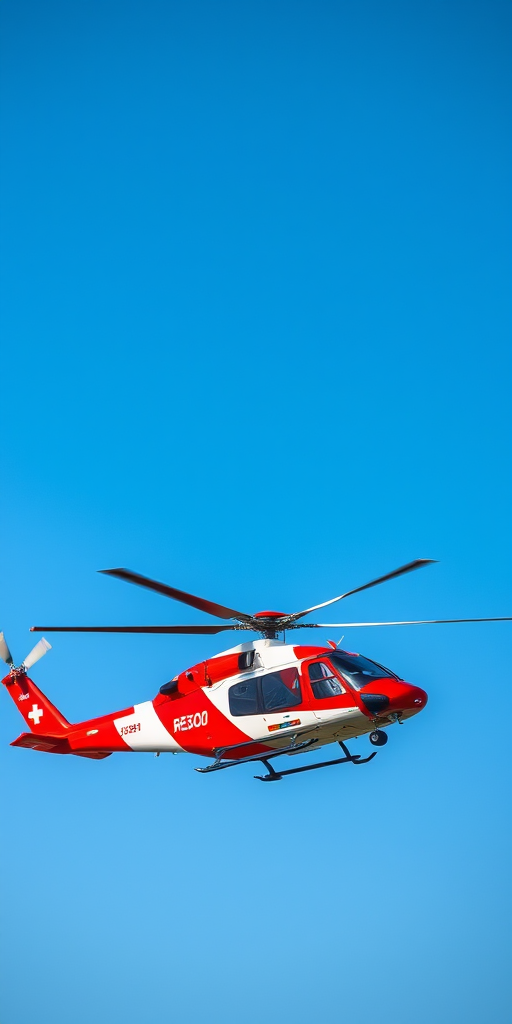 High-resolution image of a red and white rescue helicopter in flight against a clear blue sky, captured with a Canon EOS R5, 1/1000s shutter speed, f/8 aperture, ISO 100, aerial view, vibrant colors and sharp focus.