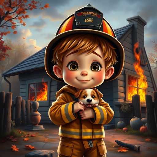 airbrushed oil painting, pixar style, cute little boy in fireman gear, helmet, tousled hair, expressive eyes, standing in the doorstep of a cottage burning behind him, holding a cute little dog in his arm, atumn sky