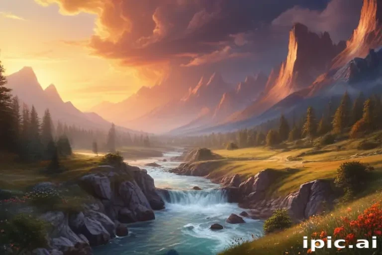 Majestic Sunrise Over Serene Valley with Flowing River and Mountains