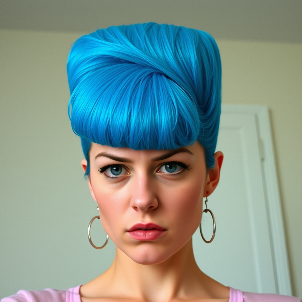 Image of a woman with their hair styled upright,  in a cylinder shape. The hair  color is neon blue and appears to be held in place by a hair product, giving it a fluffy texture. The background is nondescript, and the person's face is looking at the viewer nervously.