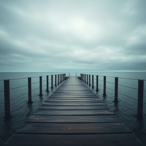 A serene view of a wooden pier extending into calm water, under a moody overcast sky, captured with a DSLR camera, 35mm lens, f/8 aperture, ISO 200, shot from a low angle to emphasize depth and perspective.