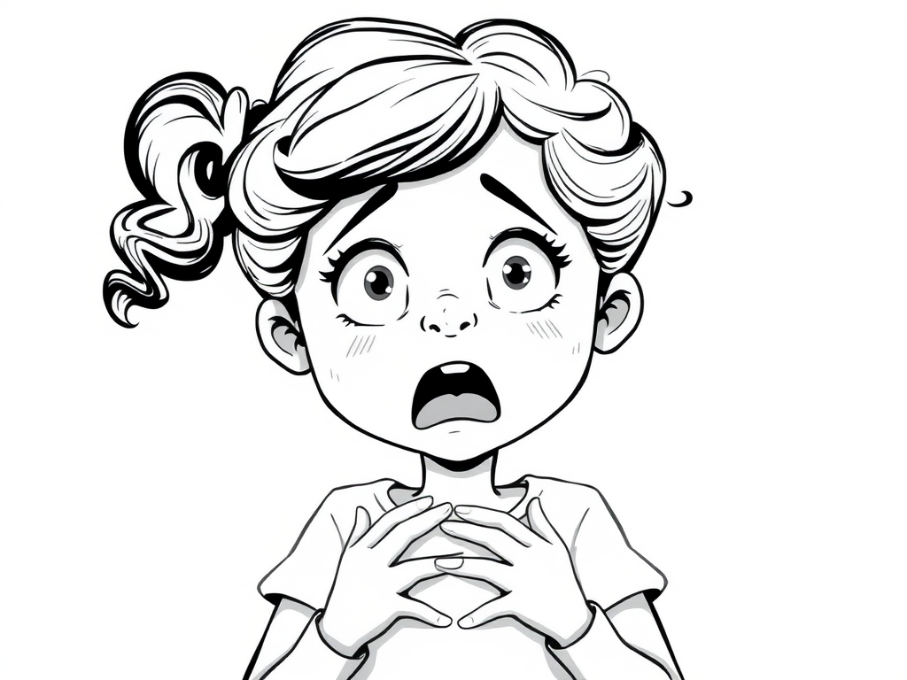 The image is a black and white illustration of a young girl with curly hair. She has a surprised expression on her face with her mouth open and her hands clasped together in front of her chest. Her eyes are wide and her eyebrows are furrowed. Her hair is styled in loose curls that are cascading down her back. The overall mood of the image is one of shock or surprise.