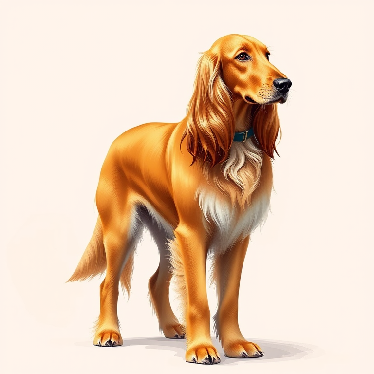 Create a high-resolution illustration of a golden Afghan Hound standing proudly, full body view, using a digital painting style with vibrant colors and detailed fur texture, set to a soft-focus backdrop to enhance focus on the dog, camera settings: f/4, 1/125s, ISO 100, with a wide-angle lens for depth.