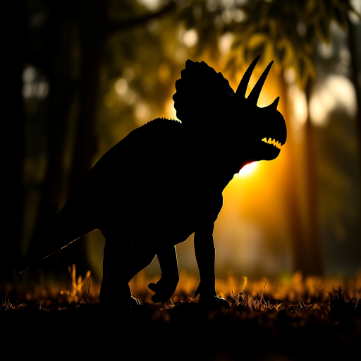 Create a highly detailed silhouette of a dinosaur, focusing on a triceratops, using a DSLR camera with a 50mm lens, f/2.8 aperture, ISO 100, shot in natural light from a low angle to enhance depth and detail.
