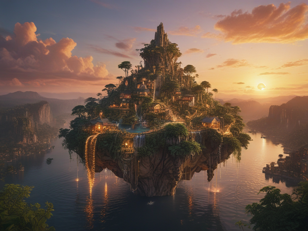 "A photorealistic image of a floating island city bathed in the warm ...