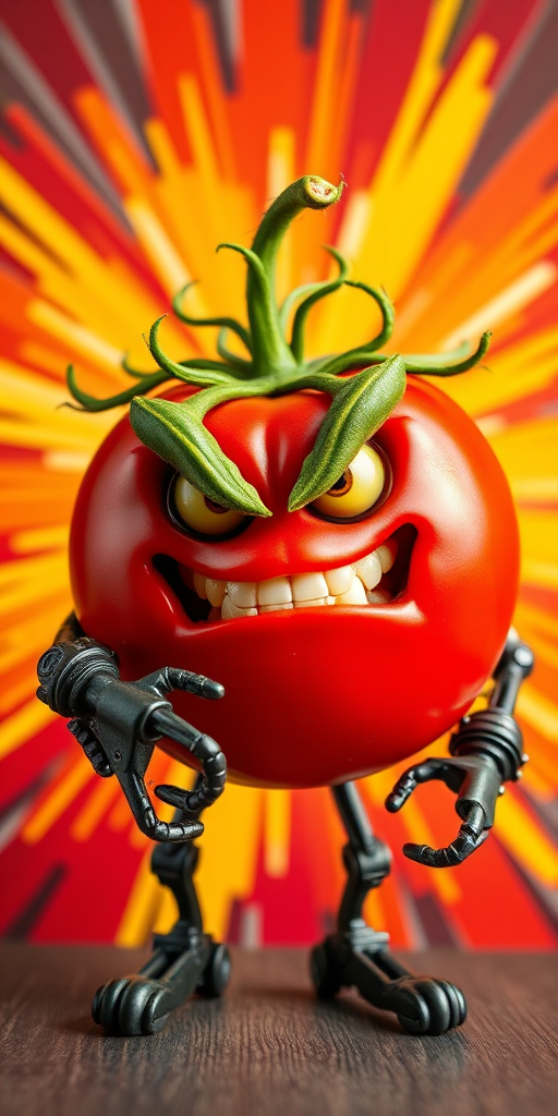 Create an image of an anthropomorphic angry tomato with a fierce expression and mechanical arms, set against a dynamic, colorful burst background, using a DSLR camera with an aperture of f/2.8, ISO 100, 50mm lens, and a shallow depth of field to enhance detail and vibrancy.