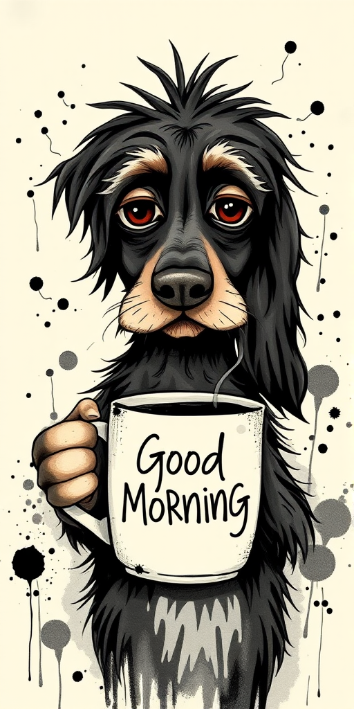 A quirky, artistic illustration of a disheveled field spaniel dog breed with exaggerated, large eyes and spiky fur, holding a coffee mug that reads "Good Morning". The dog has a tired but humorous expression, with ink splatters and abstract details surrounding it, giving a whimsical feel to the image. The color palette is mostly monochrome with hints of black in the eyes and steam rising from the mug, enhancing the overall sleepy vibe