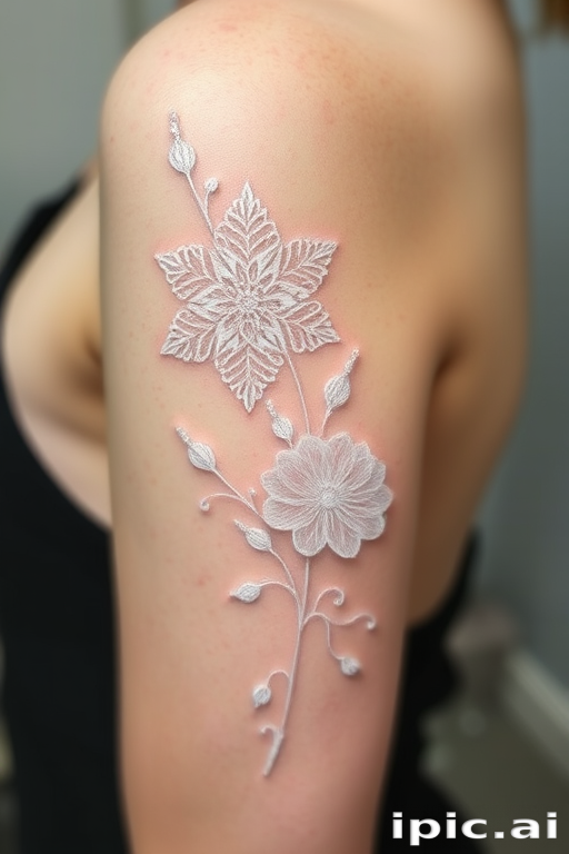 Delicate white ink tattoo called "Ethereal Whispers" featuring lace-like patterns and botanical motifs that appear to float ethereally on the skin in varying levels of opacity