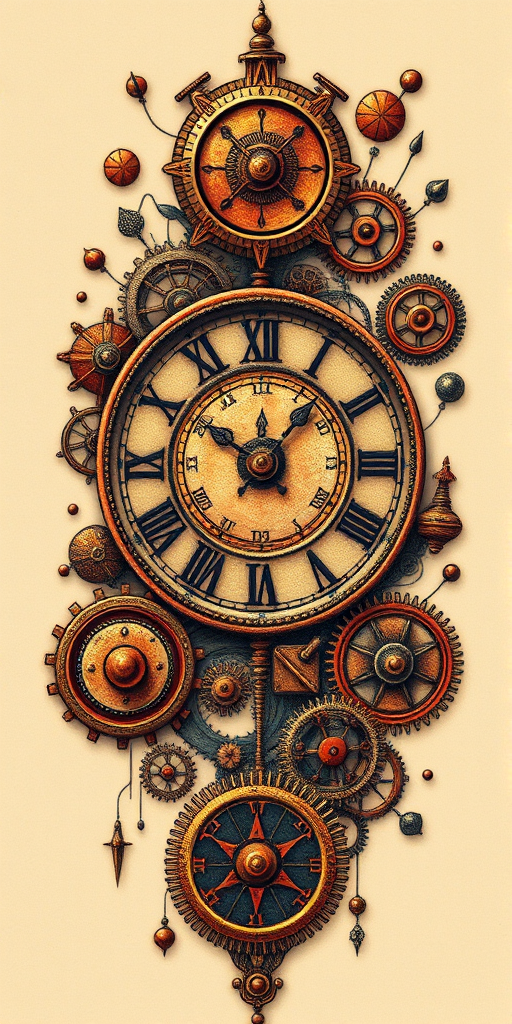 Steampunk tattoo titled "Clockwork Reverie" incorporating vintage mechanical elements gears and Victorian-inspired motifs with a mix of copper and brass tones