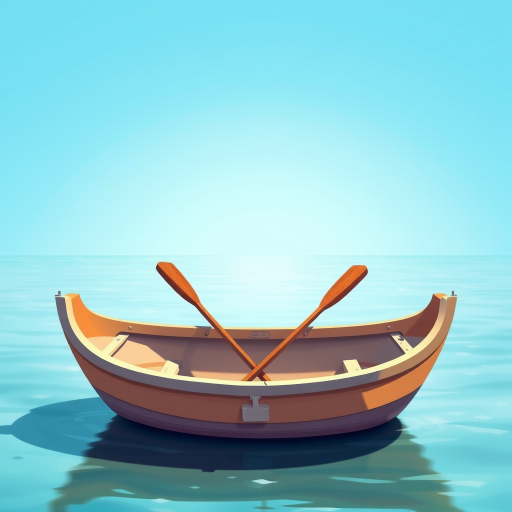 Create a vibrant illustration of a flat-bottomed rowboat with two oars resting inside, set against a bright blue sky and calm waters, using a DSLR camera with an aperture of f/8, ISO 200, 50mm lens, and a soft focus effect to enhance colors and details.