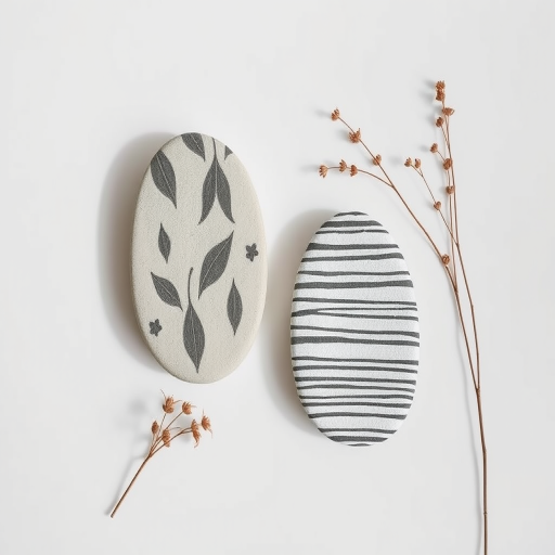 Create a minimalist still life composition featuring two abstract shapes resembling stones with textured patterns, one adorned with leaf motifs and the other with horizontal stripes, accompanied by delicate dried plants, use a Canon EOS R5 with a 50mm f/1.8 lens, aperture f/2.8, ISO 100, in natural soft light, capturing a top-down view for a clean and modern aesthetic.