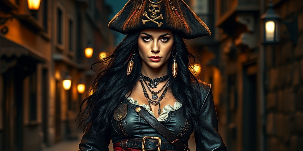 Create a portrait of a fierce female pirate. She wears a leather tricorn hat adorned with a skull and crossbones emblem, and her long, dark hair flows around her face. Her outfit consists of a richly detailed leather jacket, a corset, and multiple layers of belts and accessories, giving her a formidable and stylish appearance. She stands confidently in a dimly lit, historic port town, with a backdrop of weathered buildings and cobblestone streets, capturing the adventurous spirit of a pirate.