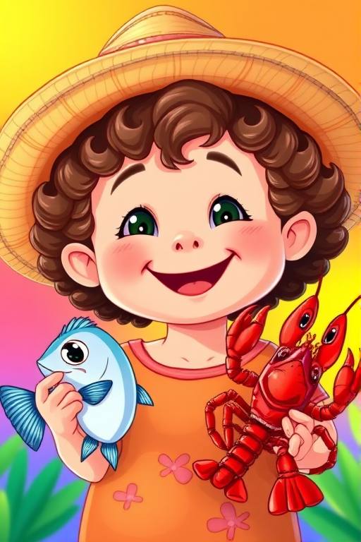 Generate a vibrant cartoon illustration of a smiling child with curly hair wearing a large straw hat, holding a fish in one hand and a lobster in the other, with a bright, colorful background, using a Canon EOS R5, focal length 35mm, aperture f/2.8, ISO 100, and a vibrant color profile for enhanced image quality.