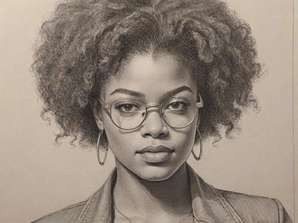 Appealing Ari Lennox, pencil sketch, portrait of Magnificent woman 1970s in glasses, hair style beatnik, outline, clear lines, fine lines, 8k