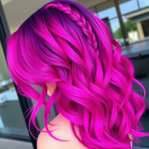 Vibrant magenta ombre hair cascading in loose waves, styled by Miranda Frost, featuring rich purple roots fading to electric pink tips, shimmering with holographic highlights and intricate braided accents woven throughout